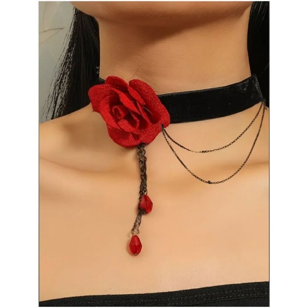 NWT Gothic Victorian Red Rose Black Velvet Choker Pendant Drop Chain Necklace